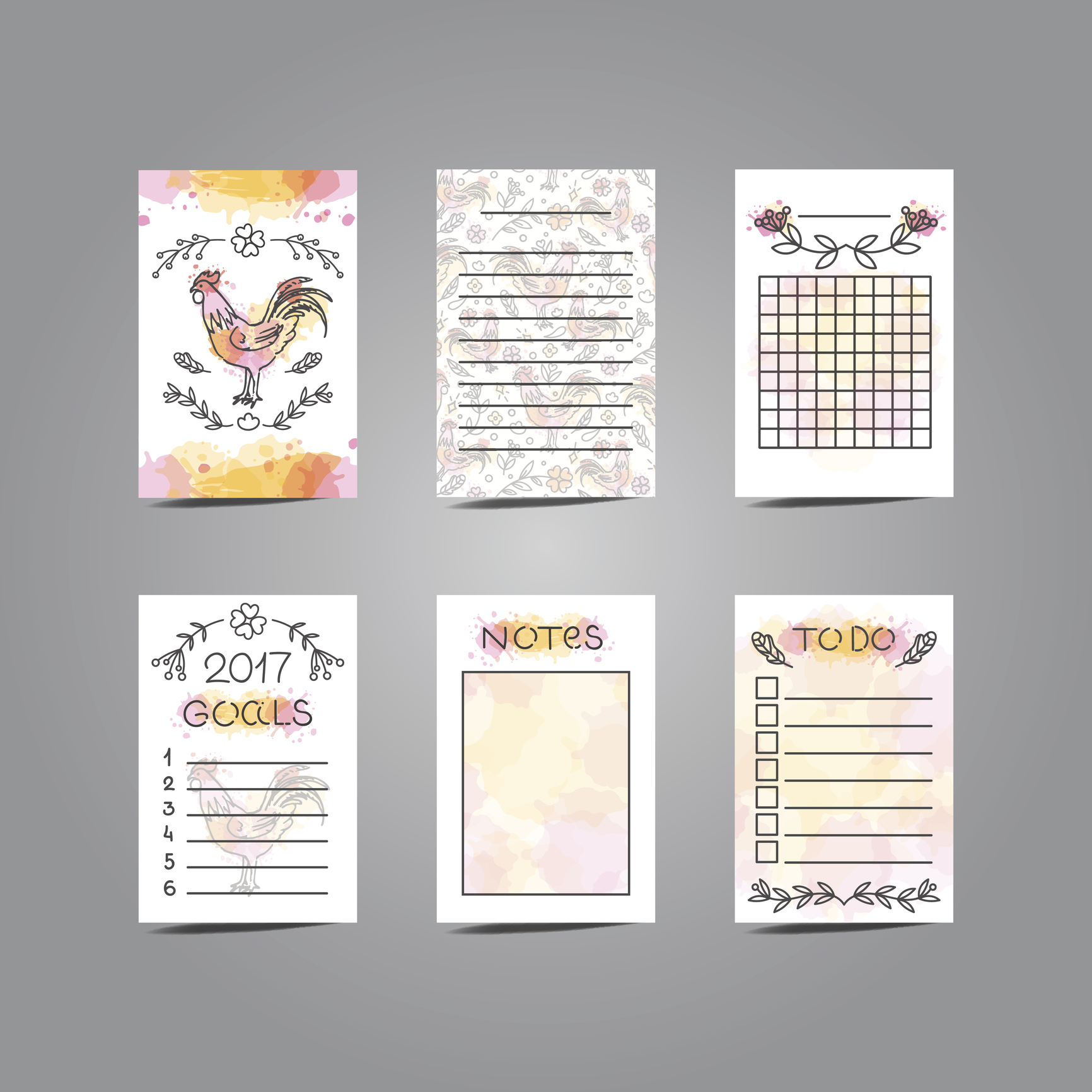 Printable Journaling Cards with Rooster Illustration. Line Style