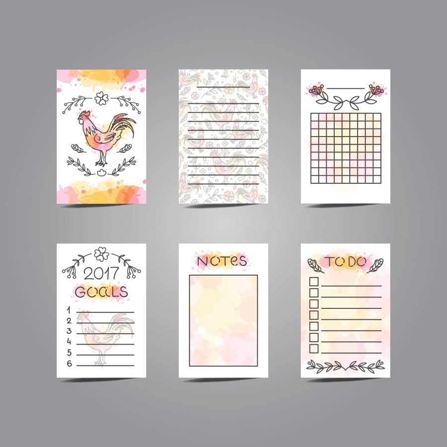 Printable Journaling Cards with Rooster Illustration. Line Style