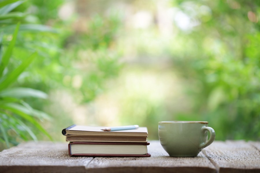 spring writing mug coffee tea books