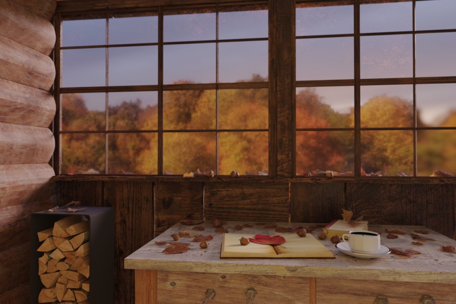 3d rendering of cup of coffee on wooden windowsill with leaves in front of colorful forest
