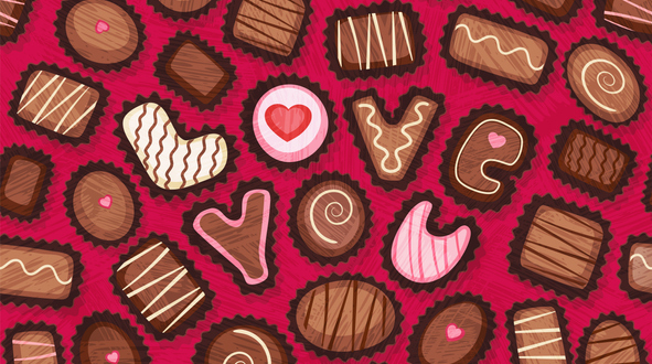 Seamless pattern of Valentines Day candy. Fancy chocolate bonbons with love you message.